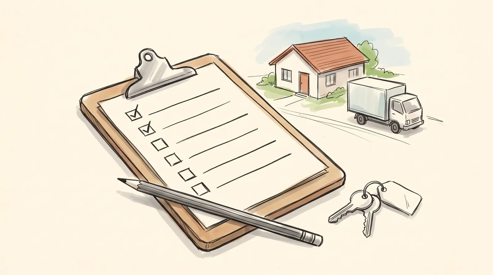 A hand-drawn clipboard checklist with house keys on a builder's tag, beside a new estate house and removal truck
