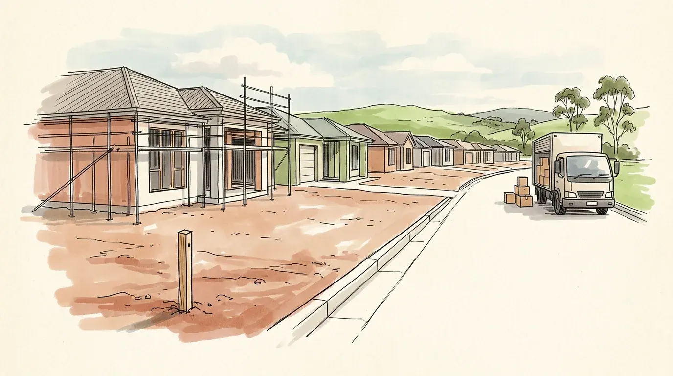 A hand-drawn sketch of a brand-new Macarthur estate street with bare front yards, fresh kerbs and a removal truck arriving