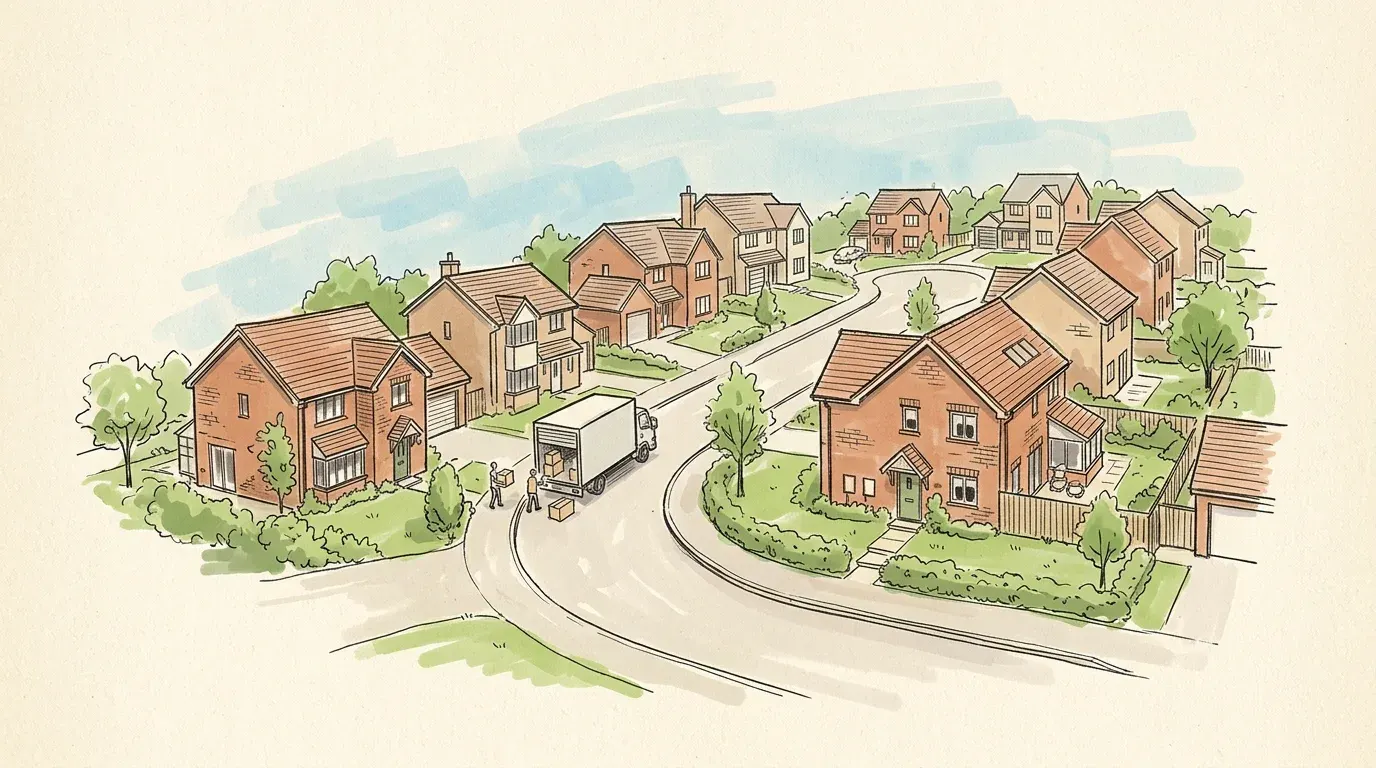 A hand-drawn sketch of Currans Hill, 2567, showing its character and a removal truck