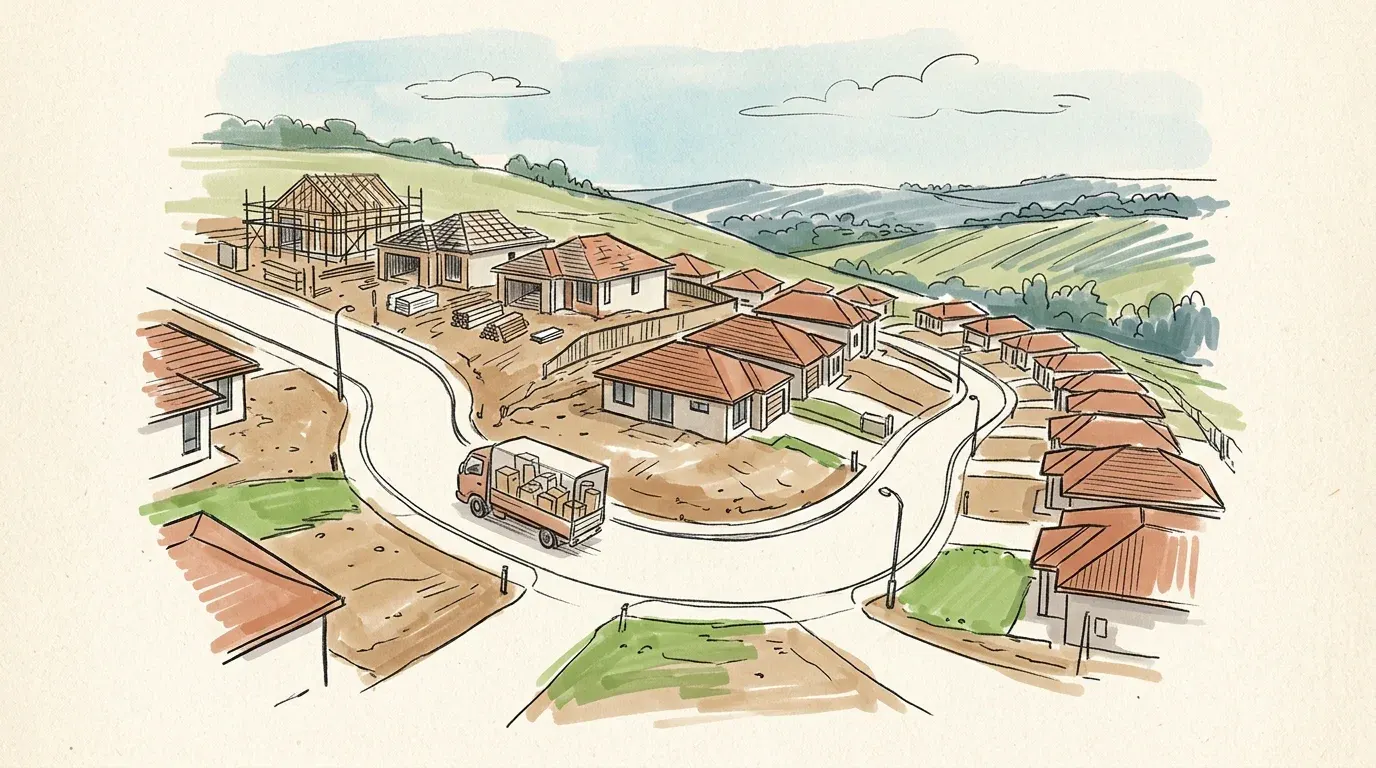 A hand-drawn sketch of Gregory Hills, 2557, showing its character and a removal truck